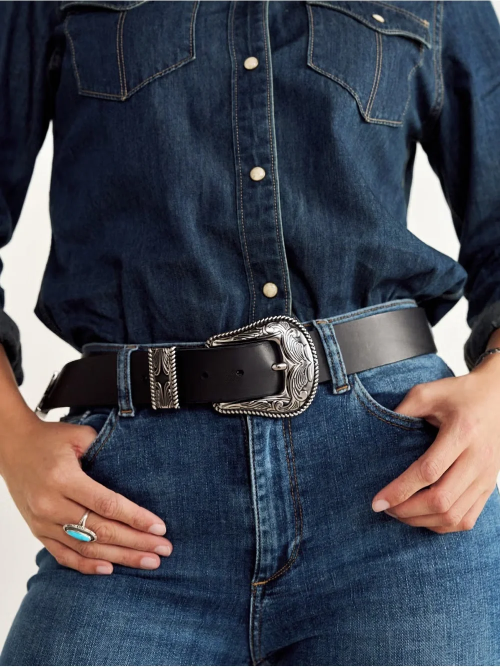 Women’s Tecovas Black Leather Western Threw Piece Belt - Size XL